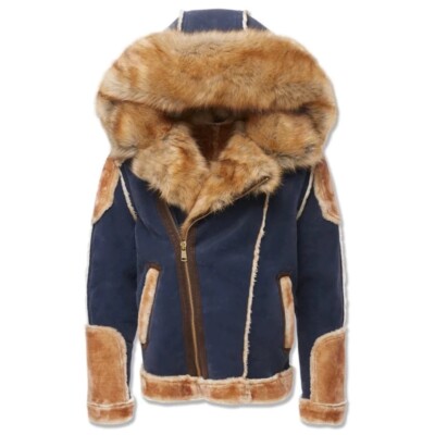 JORDAN CRAIG EL JEFE SHEARLING MOTO JACKET COAT MENS FUR NAVY BLUE