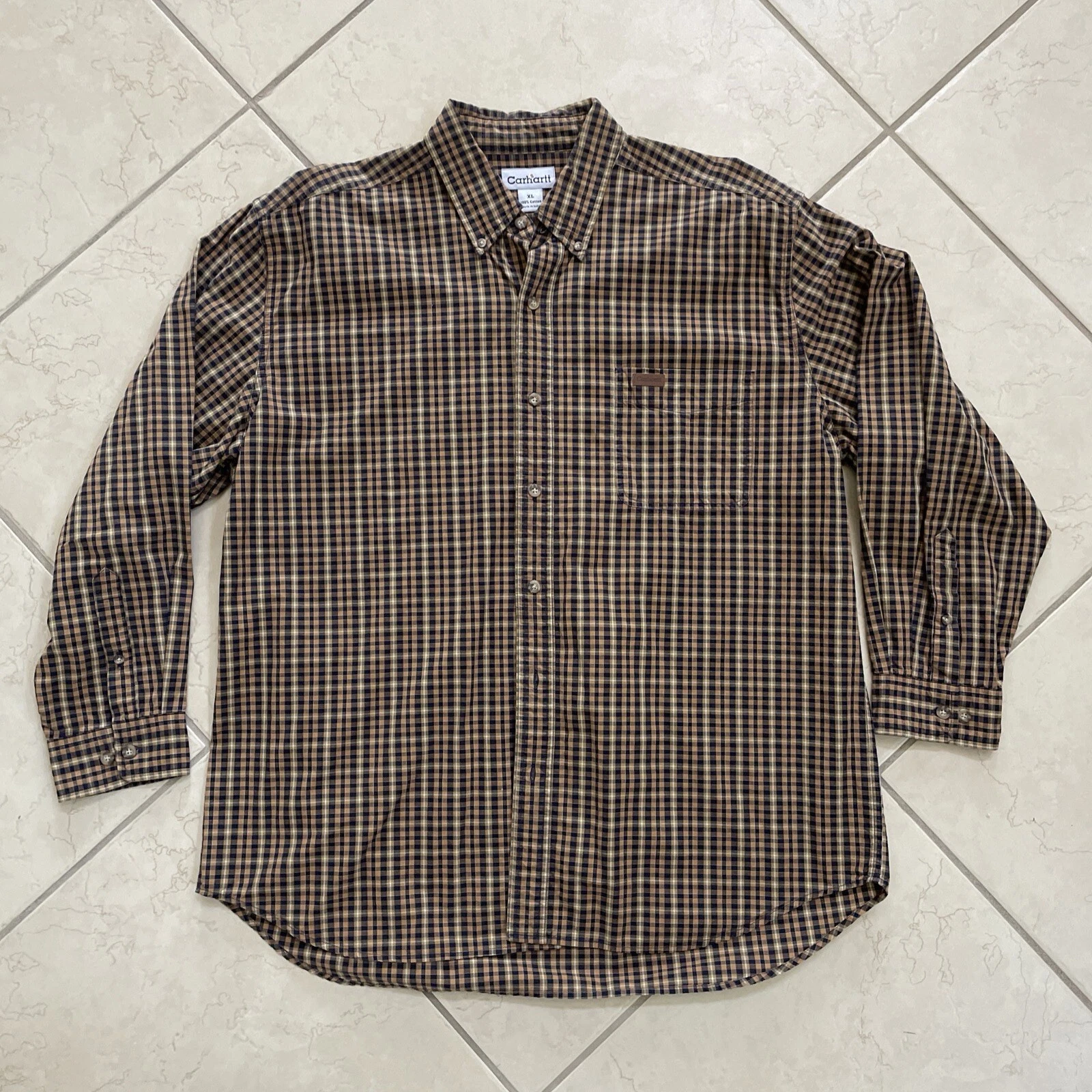 Carhartt Relaxed Fit XL Brown Plaid Button Up Long Sleeve Shirt Cotton Pockets