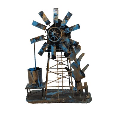 Windmill Music Box Sculpture Metal Copper Tin Art  Its A Small World 10'' Vtg