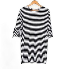 2 GETHER Casual Crew Neck Black White Stripes 3/4 Peplum Sleeve Summer Dress