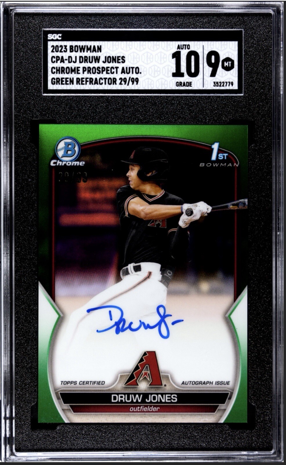 2023 Bowman Chrome Druw Jones Prospect Auto Green Refractor /99 #CPA-DJ - SGC 9