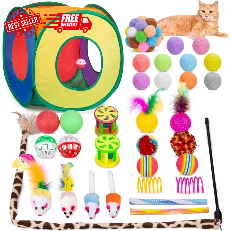Paquete de 33 juguetes para gatos, juguetes interactivos para gatitos de interior gatito con collar