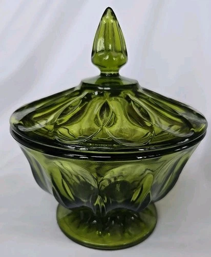Anchor Hocking Fairfield Avocado Green Lidded Candy Dish Pressed Glass.   SKU14