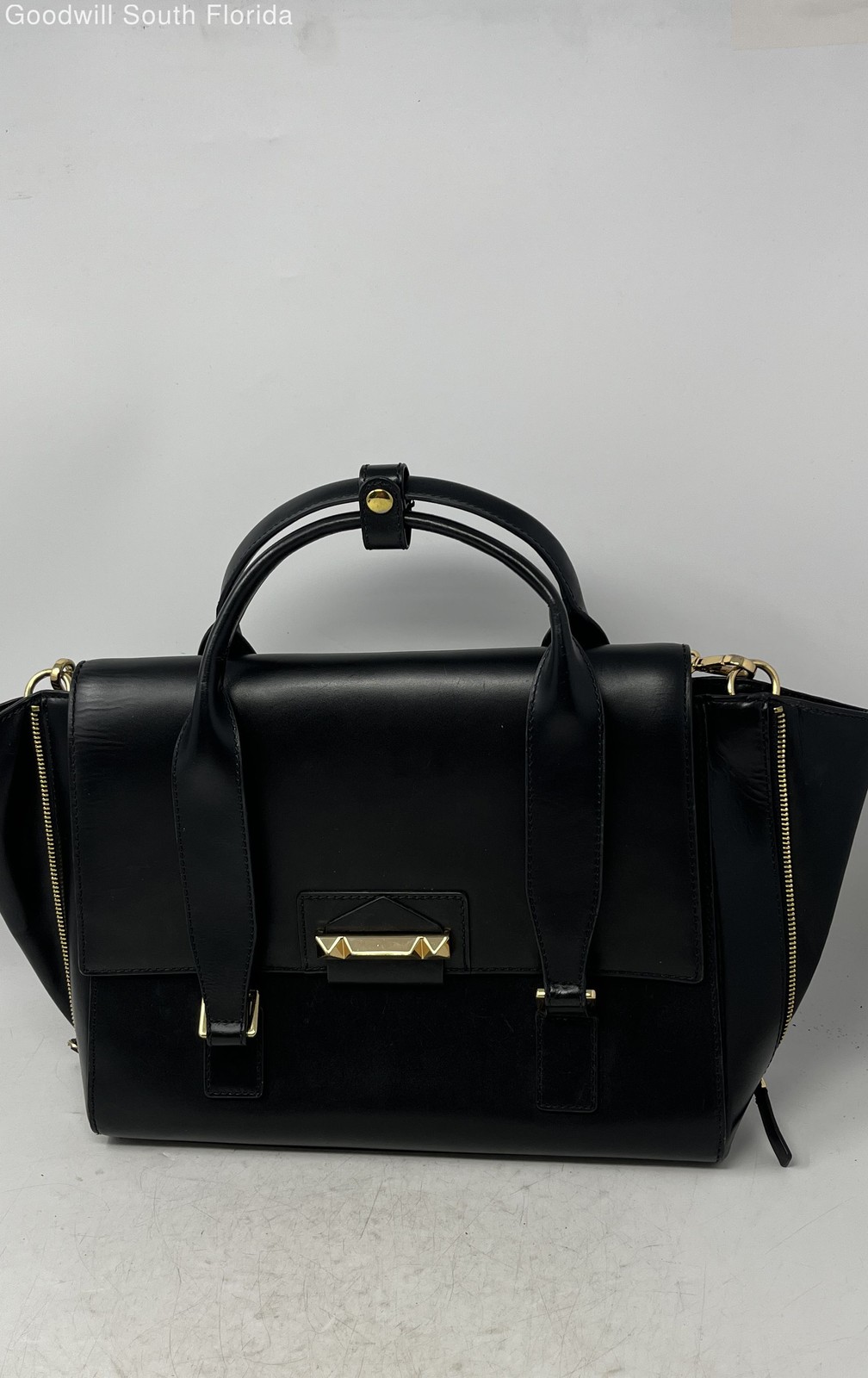 BCBGMaxazria Womens Black Leather Bottom Studs Crossbody Strap Satchel Bag