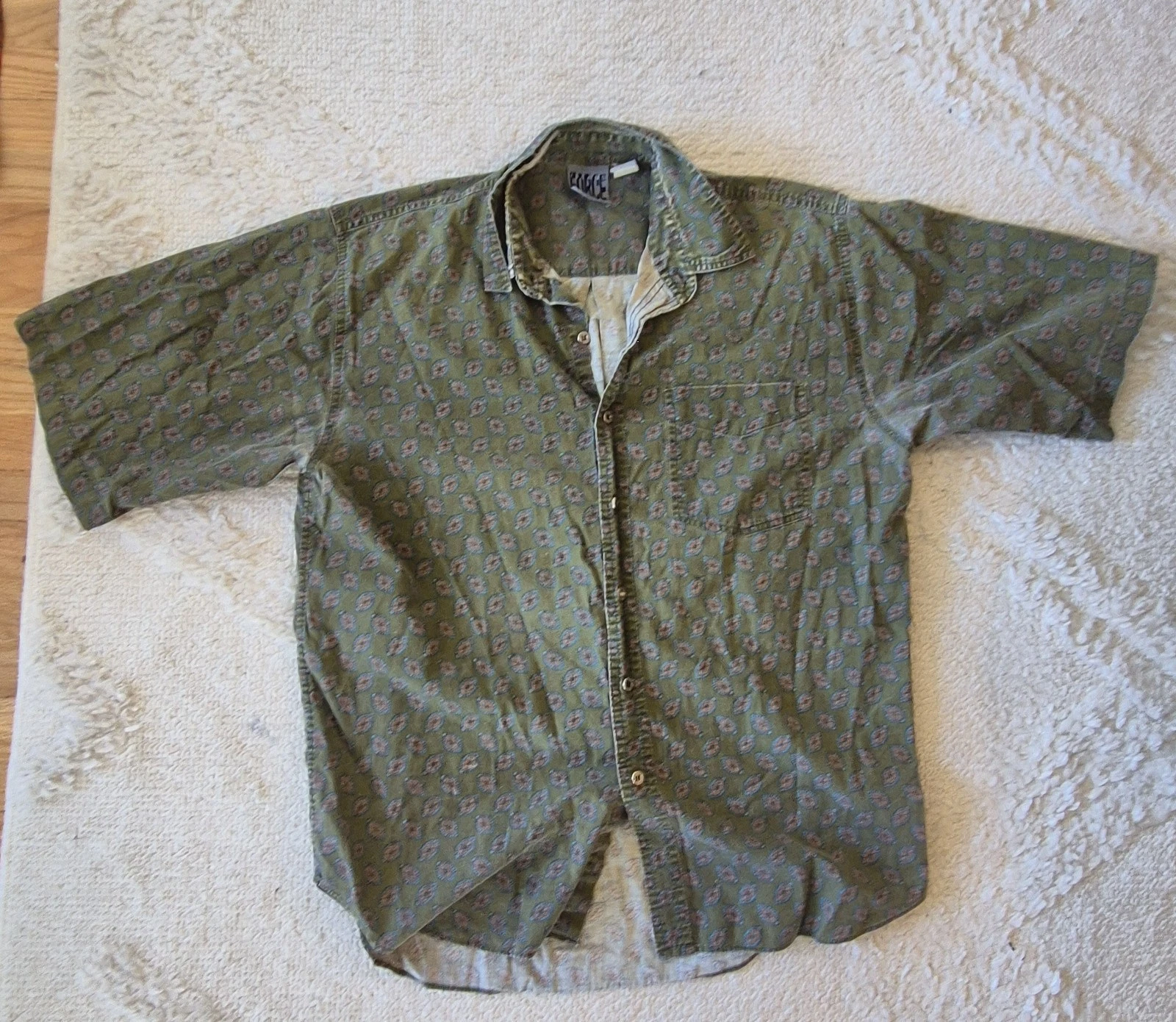 Vintage 90s FORCE Paisley Print Button Up Shirt Olive Green Boho Grunge