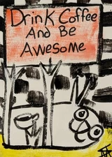 ACEO Cat Painting Original Collectible Funny Coffee Folk Art By Samantha McLean