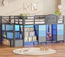 Low Loft Bed Twin Size 9 Drawers LED Lights Kids Staircase Bookcase Grey