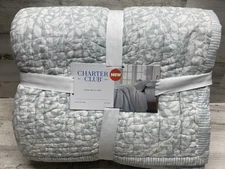 Charter Club Leaf Silhouette Cotton Reversible King Quilt & Shams Set Aqua Blue