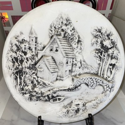 3D Chalkware Byron Molds 1972 Wall Plate Farm & Barn Snow Scene