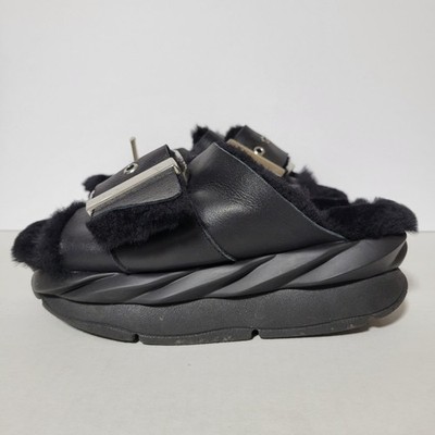 4CCCCEES Womens Mellow Laze Shearling Black Leather Slides Size 7 UE 37