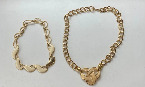 Two Napier Vintage Gold Tone Necklaces w White & Beige Enamaling Costume Jewelry