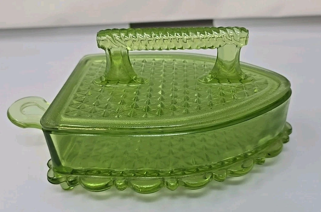 Vintage Green Glass 2 Piece Iron Footed Covered Butter or Candy Dish