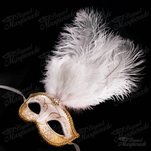White/Gold Venetian Feather Mask with Ostrich Feather -  Masquerade Mask  - Image 3 of 4