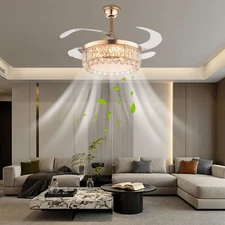 42 Inch Golden Ceiling Fan with Light, Remote Retractable Fandelier Ceiling Fan