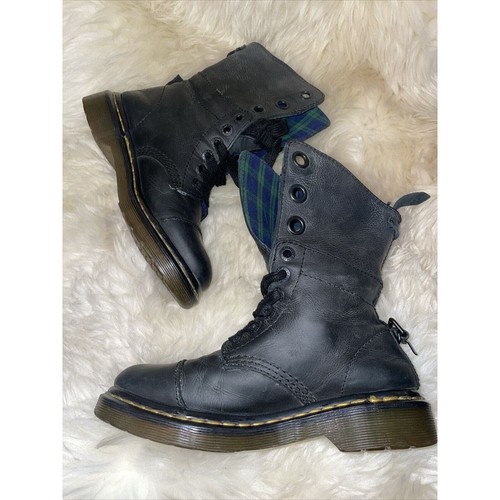 Dr Martens Fold Down Black Leather Boot With Plaid Lining Womens' Shoe
