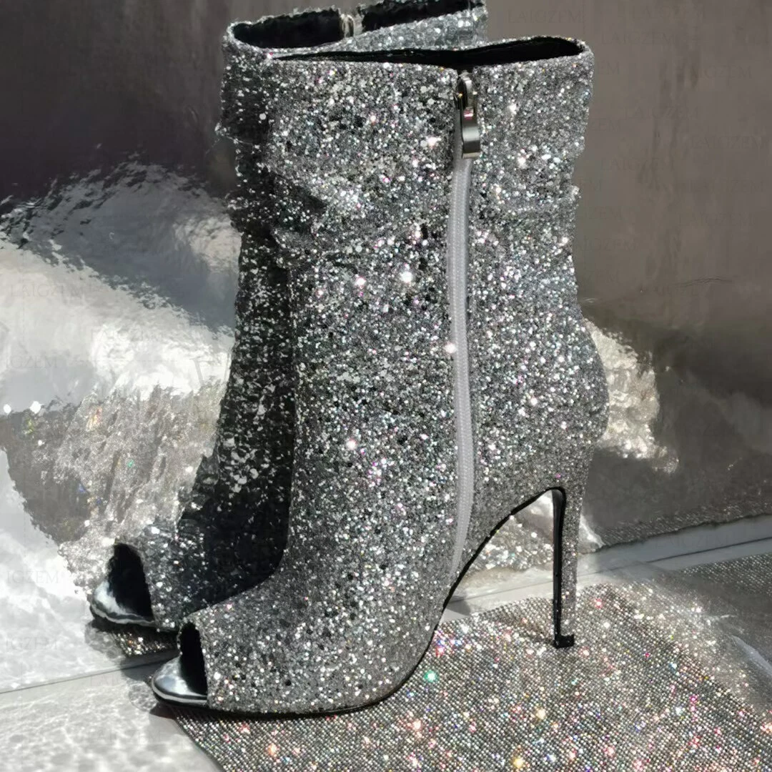 Women Ankle Boots Bling Glitter Stiletto High Heels Booties Party Wedding Shoes