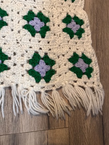 Handmade Crochet Granny Square Blanket With Green & Purple Floral Pattern White - Picture 5 of 9