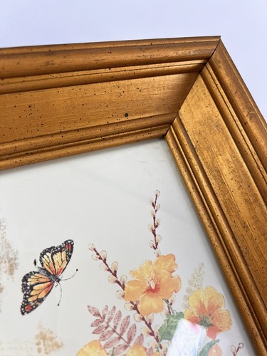 70s Home Interiors Wood Gold Framed Gloria Eriksen Print Floral Butterfly 11x13” - Picture 3 of 12
