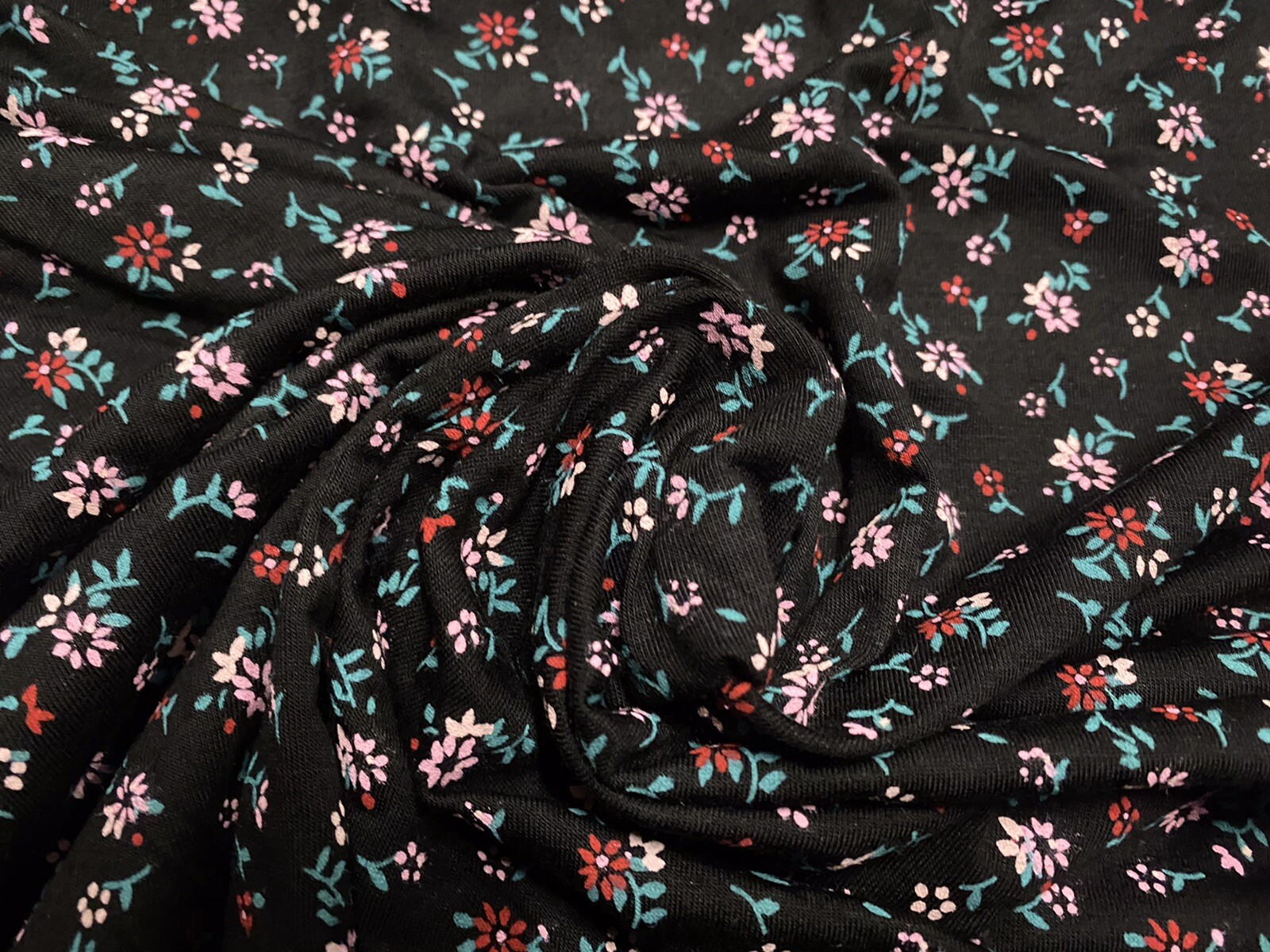 Black Viscose Elastane Jersey Fabric With Pink Ditsy Floral Print, Per