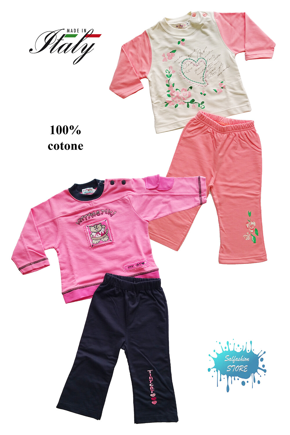Completo Chándal Bebé 100% Algodón Bordado Y Estampado Made IN Italy