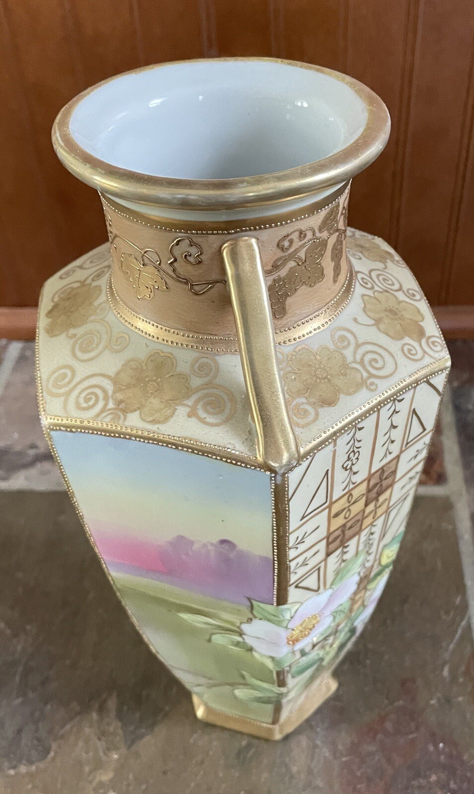 Antique Nippon Two Handled Vase Hand Painted  Floral Gilded Accents