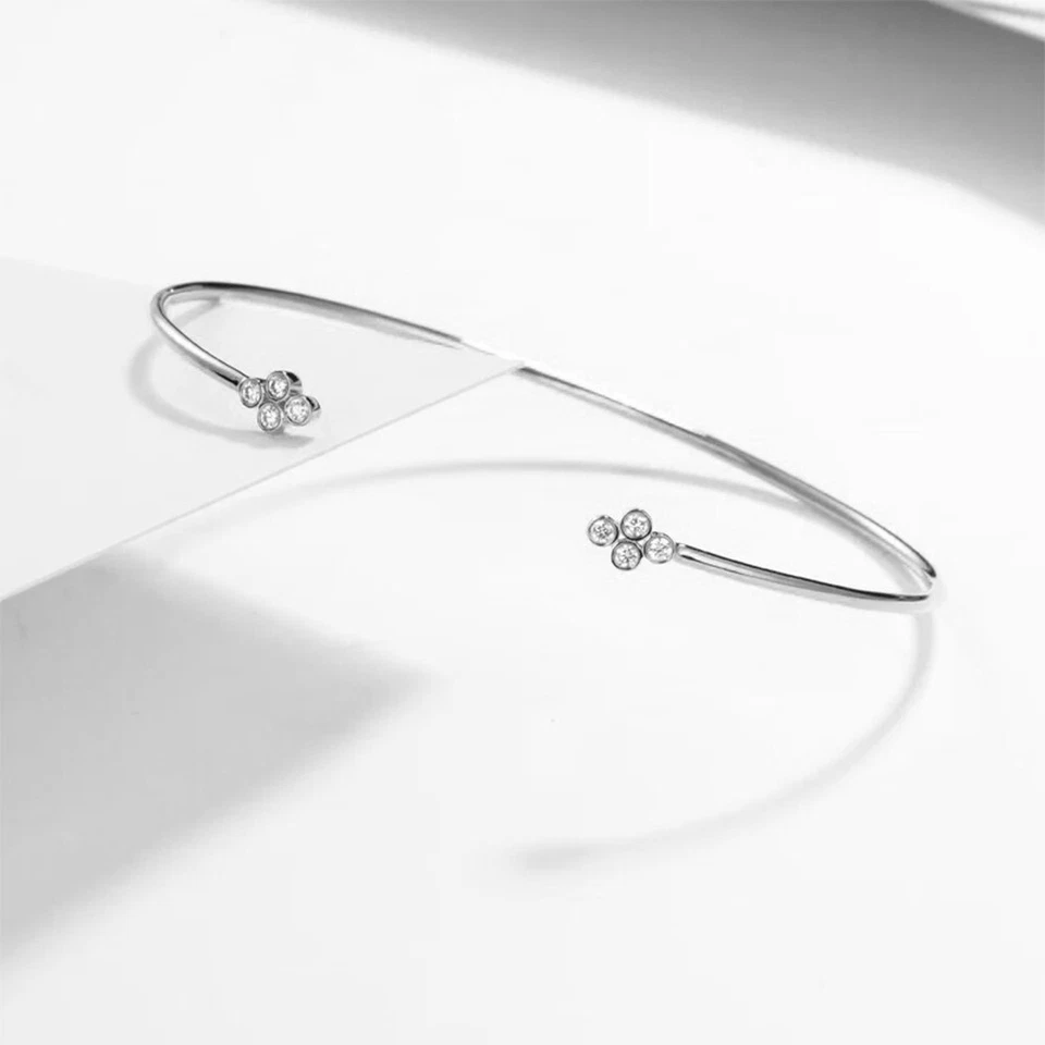 0.16 Ct Natural Diamond Open Cuff Bangle Bracelet 7.5" White Gold Plated Silver - Image 2 of 4