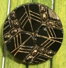 Antique Jet Black Glass Button Gold Foil Embedded Geometric Tunnel Shank 9/16"