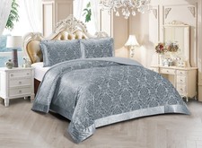 3 Piece Quilted Bedspread Velvet Jacquard Bed Set Double King Super King Size UK