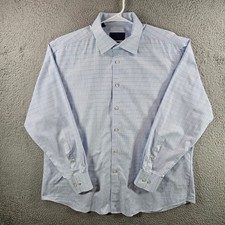 David Donahue Mens 18 34/35 Trim Fit Dress Shirt Blue Check Cotton