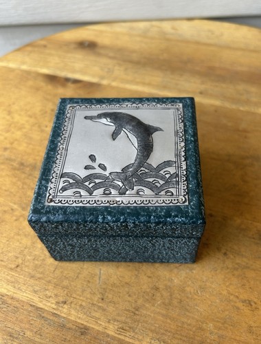 Vintage Etched Metal Dolphin On Teal Textured Mango Wood Box Thailand 3" Ocean