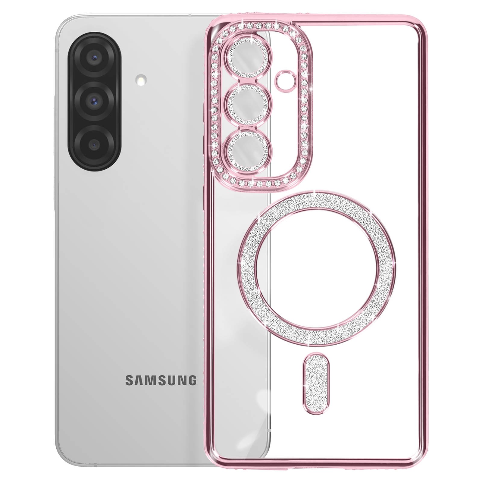 Coque rose pailletée pour Galaxy A36 aux contours de strass et finition diamant