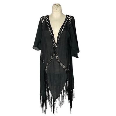 Boho Black Crochet Fringe Swim Cover Up V-Neck Handkerchief Hem Beach Poncho