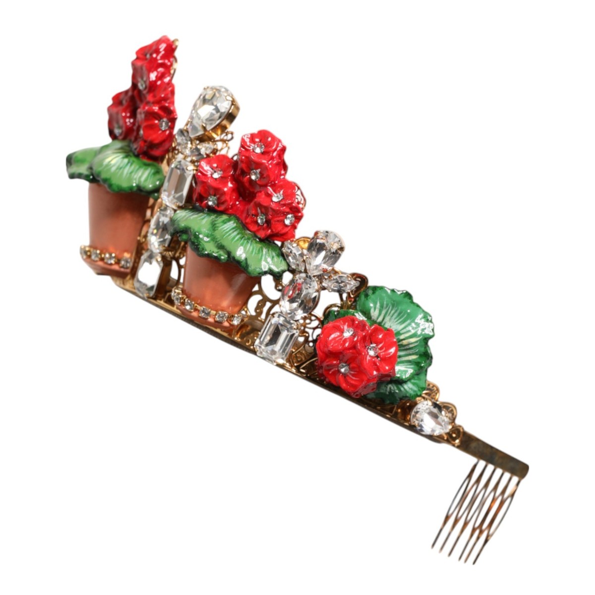 DOLCE GABBANA Headband Red Floral Flowerpot Crystal Gold Crown Tiara RRP  $1820