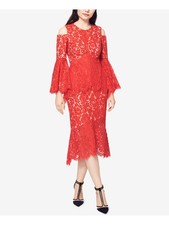 FAME AND PARTNERS Womens Red Bell Sleeve Jewel Neck Tea Length Sheath Dress 2