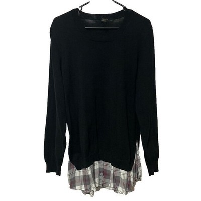 Iman Women's 1X Tunic Layered Look Mixed Media Plaid Hem Sweater Black Plus Size