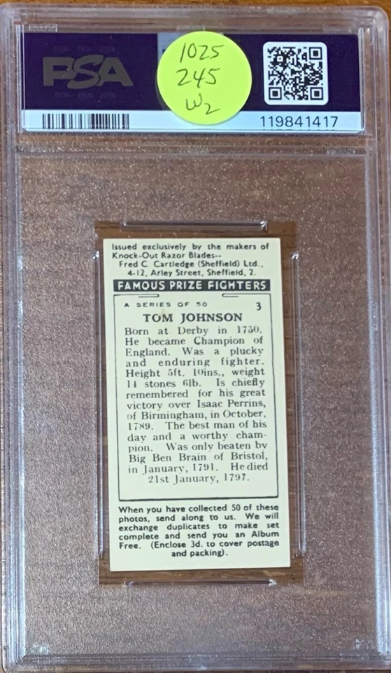 1938 F.C Cartledge Boxing Famous Prize Fighters #3 Tom Johnson PSA 8 - Image 2 of 2