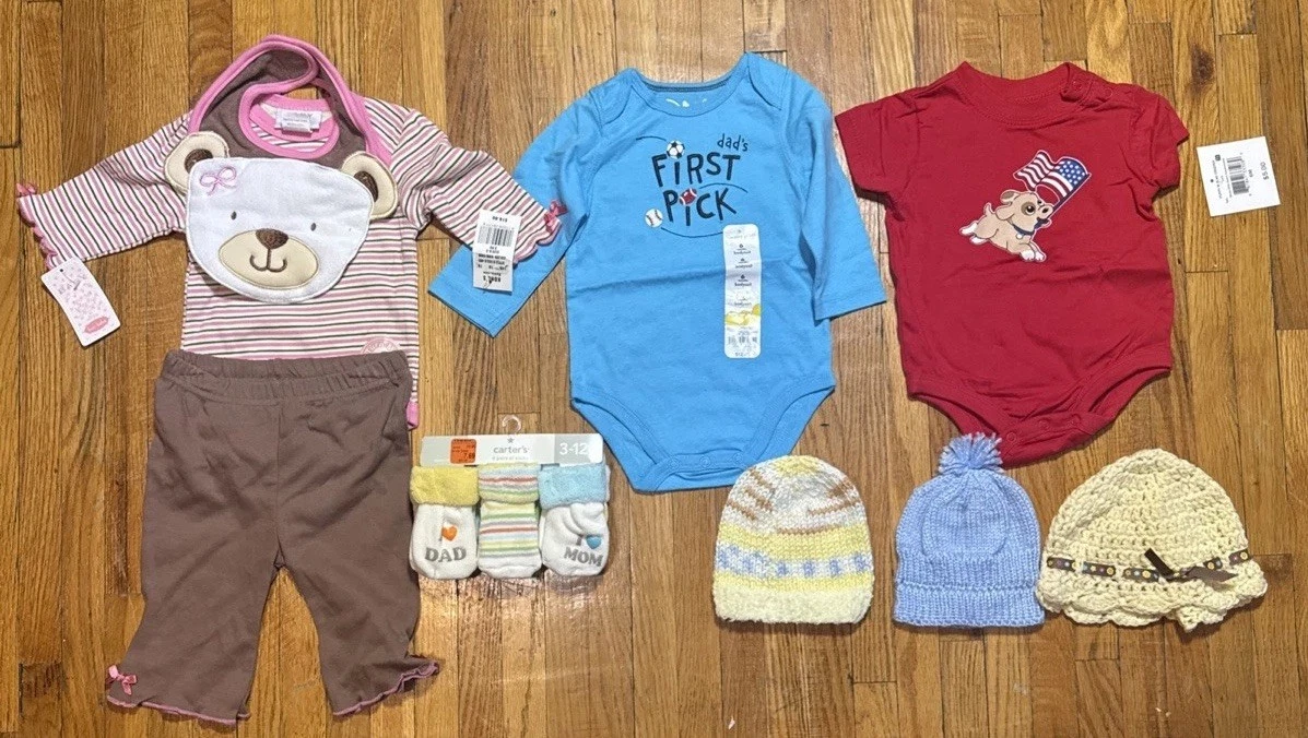 NWT Baby Boy Girl Clothes Lot 0-6M Carter's Jumping Beans Bon Bebe Hats Socks