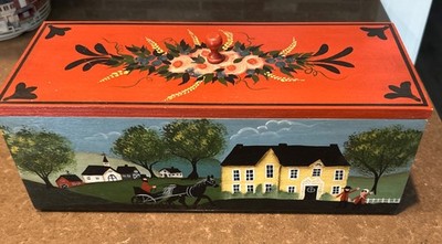 Vintage 1998 Hand Painted Americana Folk Art Storage Box 12  x 5  x 4.5 