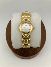 Vtg ESQ Swiss Ladies 22mm Watch Gold Tone Mother of Pearl Dial 6.5" 100158- RUNS