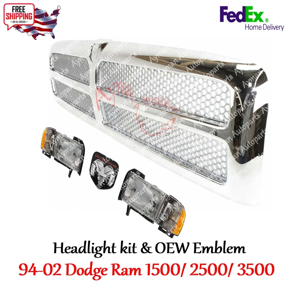 For 94-02 Dodge Ram 2500 Chrome Grille & Headlight Corner Light Set W/OEM Emblem - Image 2 of 4