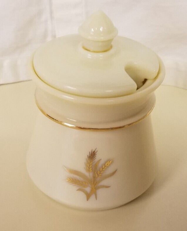 Vintage Wheaton Ware Custard Glass Golden Wheat Condiment Jar Mustard Jam Jelly 
