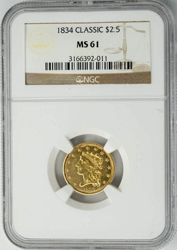 1834 $2 1/2 Gold Classic Head $2.5 MS61 NGC 950173-1