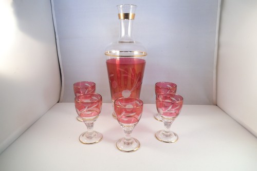 Vintage Ruby Flash Clear Glass Etched Flower Decanter & Cordial Set - Picture 2 of 12