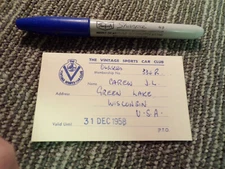 Vtg 1958 Vintage Sports Car Club Membership Card