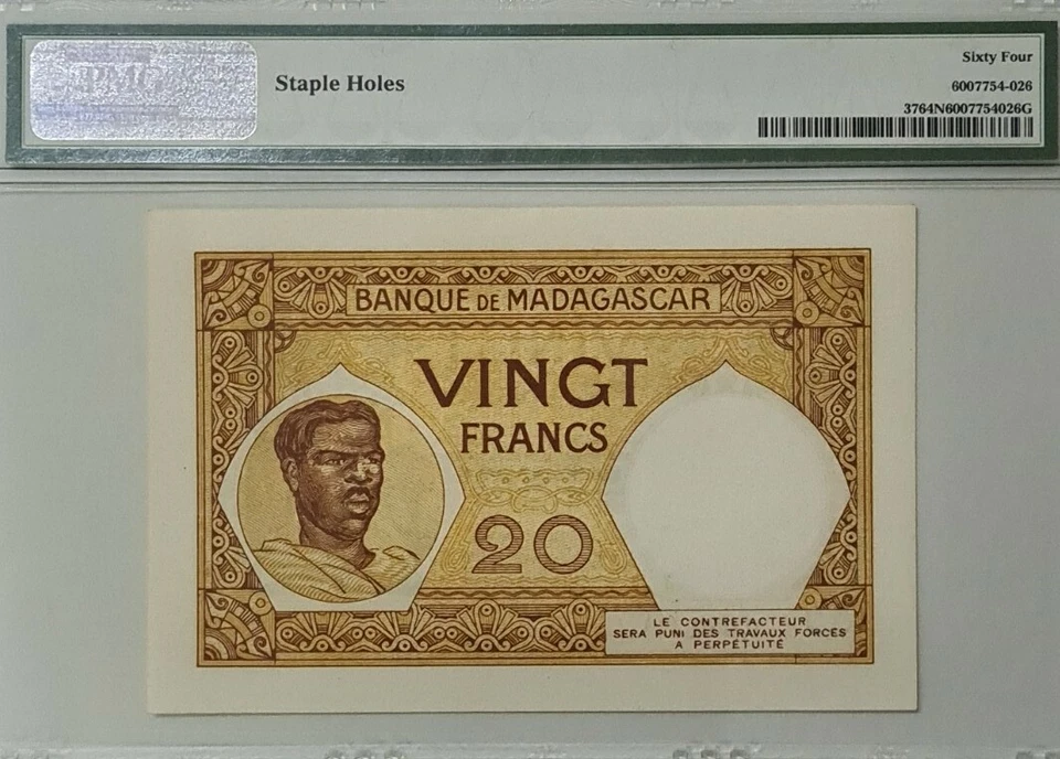 1937 -47 MADAGASCAR 20 Francs PMG64 NET UNC  {P-37} 'Banque de Madagascar' - Image 2 of 4
