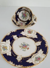 Vintage Tuscan England Cobalt Blue Gilt Floral Dessert Plate Cup Saucer Set