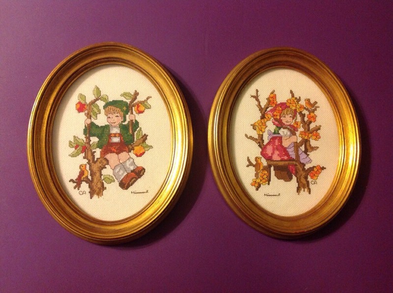 Vintage Hummel Framed Needlepoint Set of Two Boy Girl Climbing Trees Made In USA