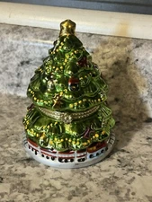 Vintage Christmas Tree Music Box Rotating Animated Train Hinged Box Musical