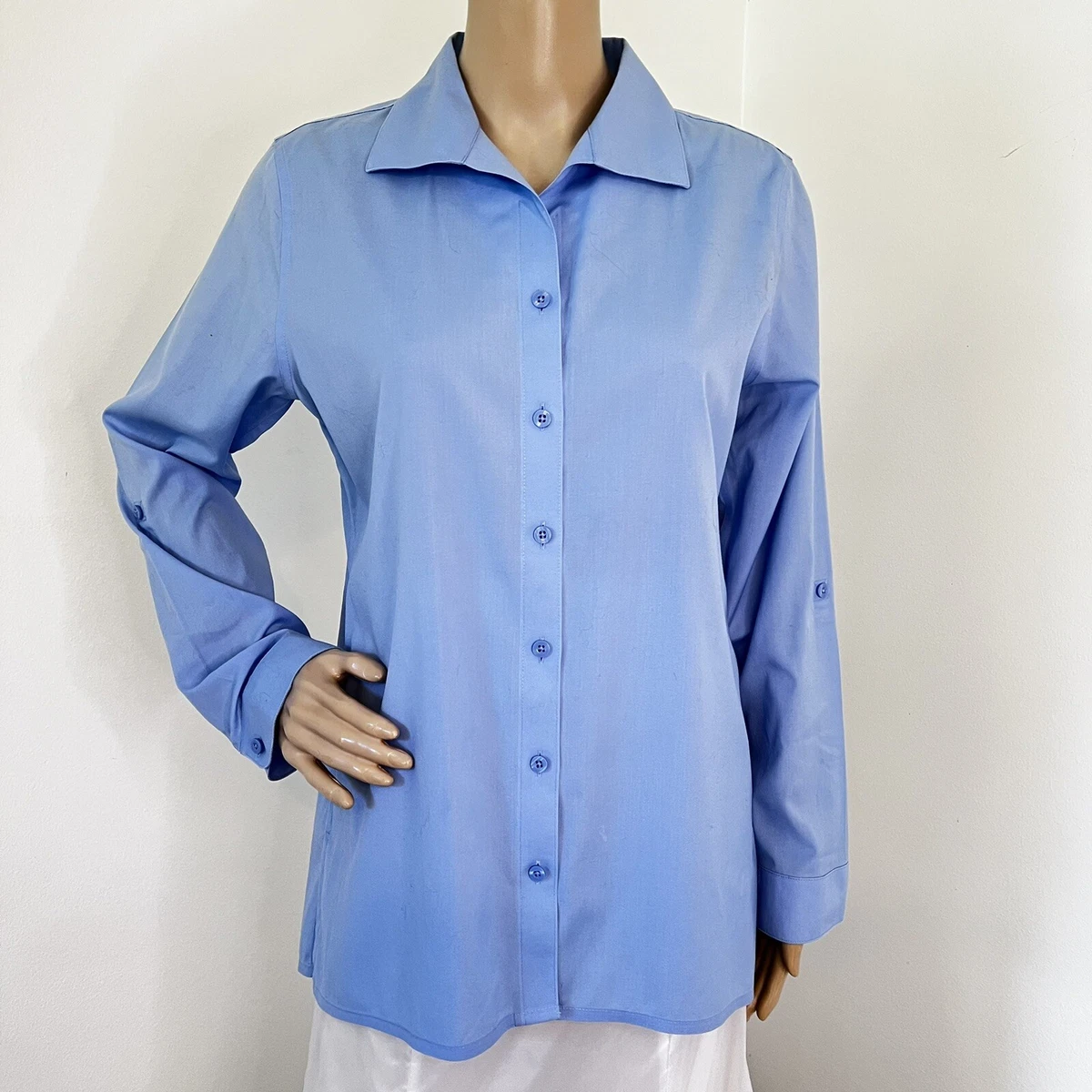 Chico's SZ 0 S 4 6 Non Iron Blue Poplin Shirt Blouse Tunic Top Cotton NEW