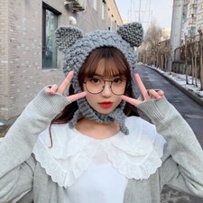 Damen Ohrenklappe Kappe Strickmütze Stirnband Japanisch Kawaii Katze Ohr Warm